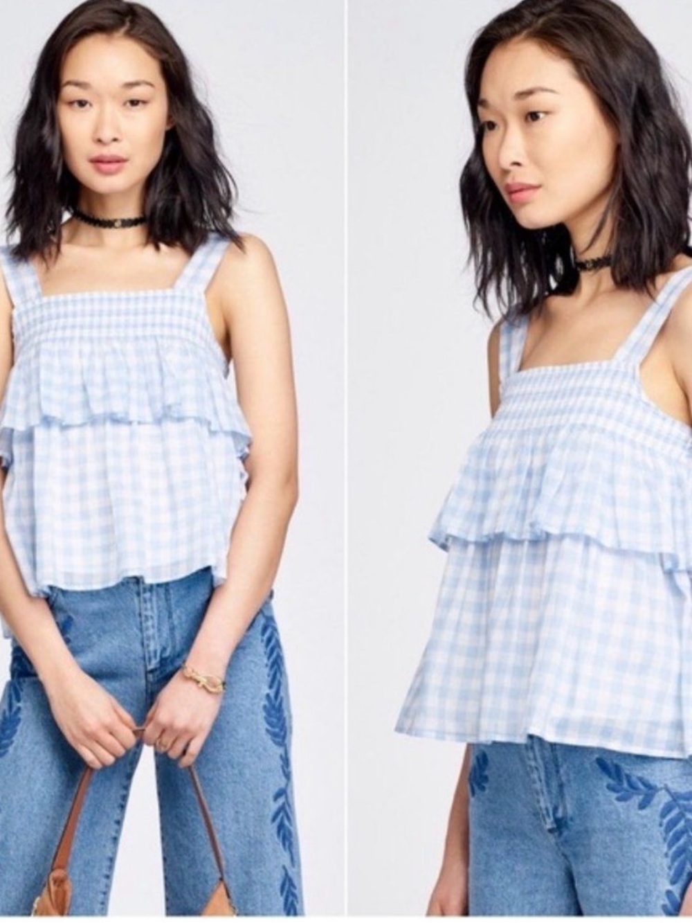 Rebecca Minkoff Light Blue Gingham Ruffle Camisole
